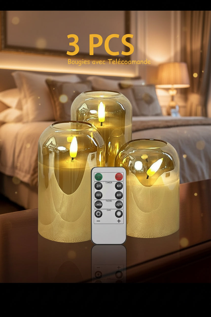 Lot de 3 Bougies LED Effet Flamme en Verre Ambré & Télécommande
